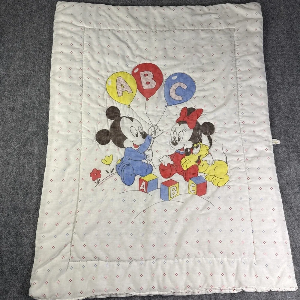 Vintage 1984 Dundee Disney Baby Crib Blanket Mickey Minnie Pluto Quilt USA 41x31